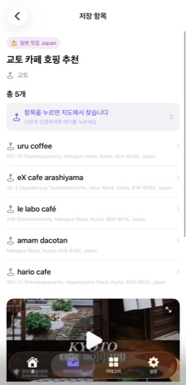 노트 상세 화면. '교토 카페 호핑 추천' 노트에 카페 5곳이 각각 주소와 함께 정리되어 있다.